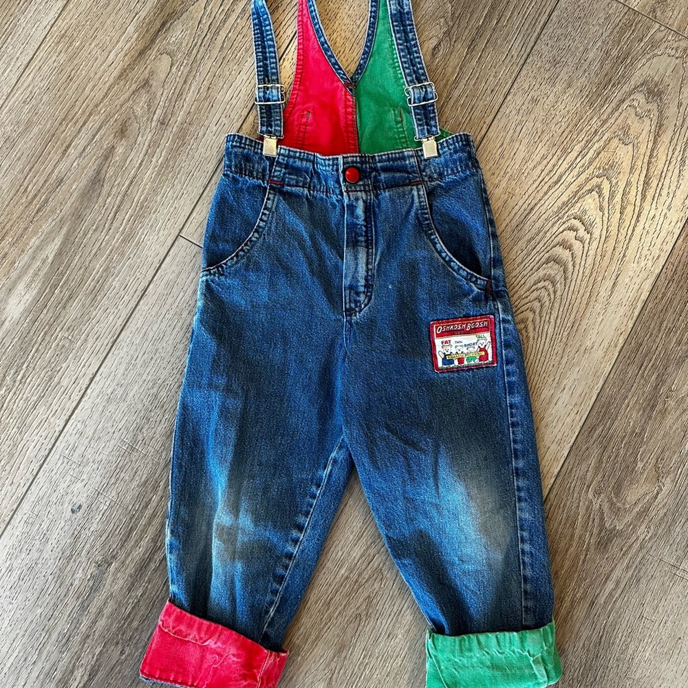 Vintage OshKosh B'gosh Blue Overalls with Red and Green Details